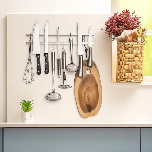 18 дюймов квадратные трубы из нержавеющей стали магнитный нож с 6 крюками для кухонной утвари держатель инструмента организатор