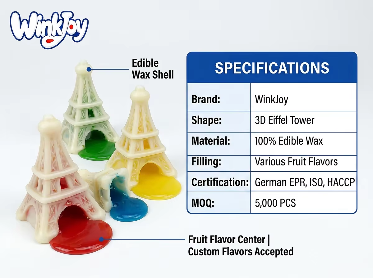 Winkjoy Eiffel Tower Shaped Wax Bottle Candy with Fruity Liquid Center and Chewable Wax Shell for Novelty Retail