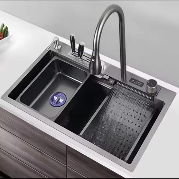 Smart Digital Display Stainless Steel Pull Out Waterfall Faucet for Grey Square Bowl Shape Sink