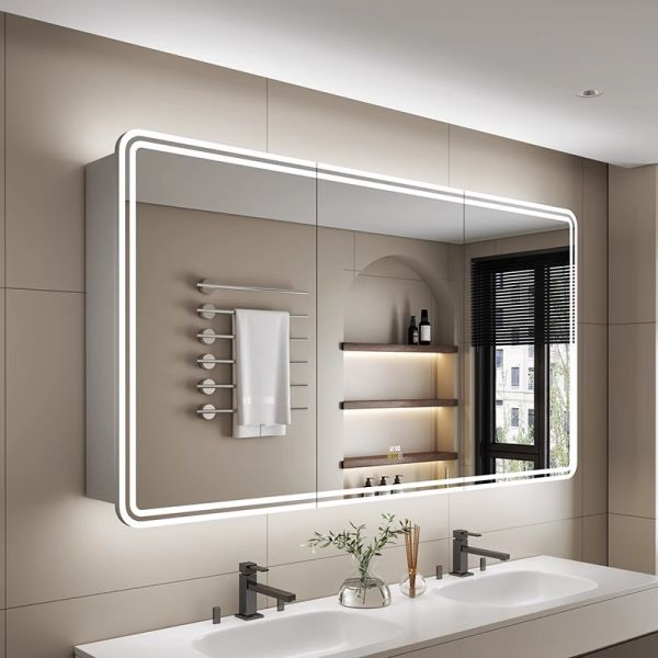 Modern Luxury LED Bathroom Medicine Cabinet Water-Resistant Touch Switch Aluminum Frame Defogger IP44 Rated Wall-Mounted Hotels