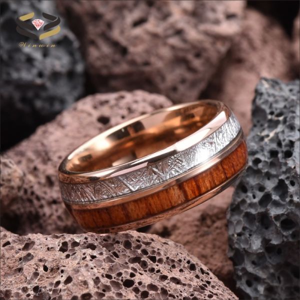 Men'S Tungsten Wedding Band Ring Inlay Meteorite Koa Wood for Engagement