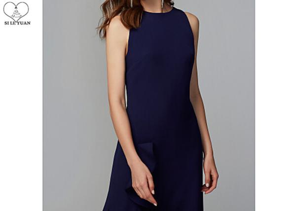 Navy Blue Long Bridesmaid Dresses High Slit Decorative Border Zipper Elastic
