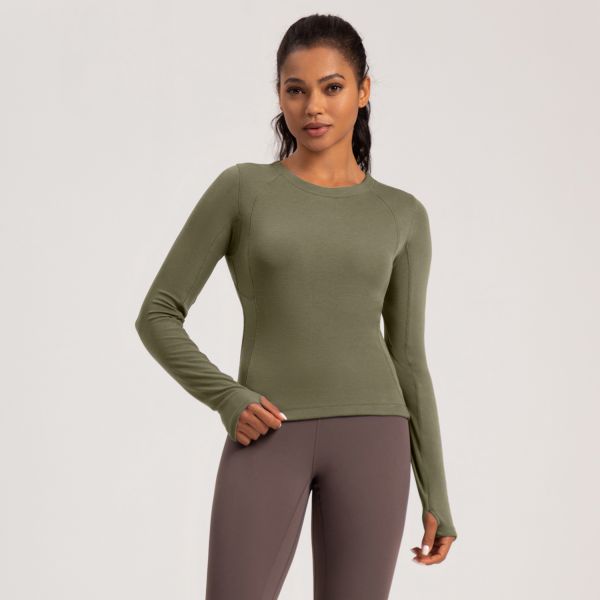 Long Sleeve Women Activewear Tops Slim Fit Olive Green Thumbhole Cuffs