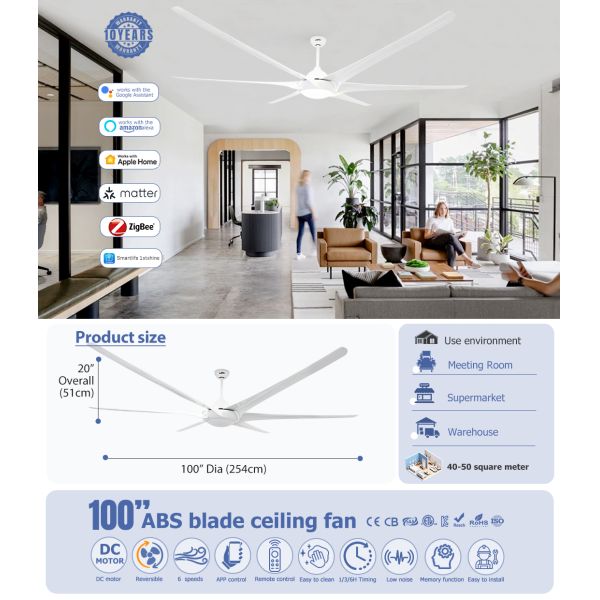 100-Inch Large Plastic Ceiling Fan Light with DC Motor and Remote Control for Open Spaces
