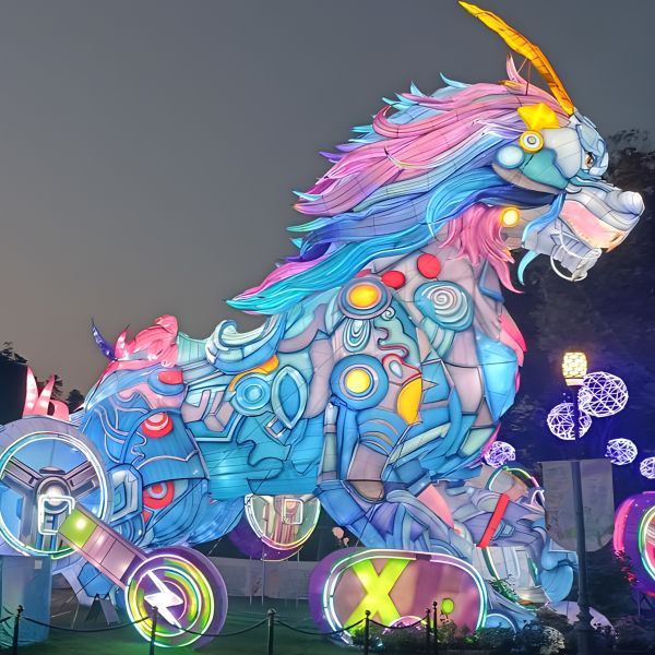 Custom Mechanical Style Chinese Qilin Mythical Creature Zigong Lantern, Colorful Fantasy Beast LED Light Sculpture, Waterproof Outdoor Theme Park Festival Light Installation