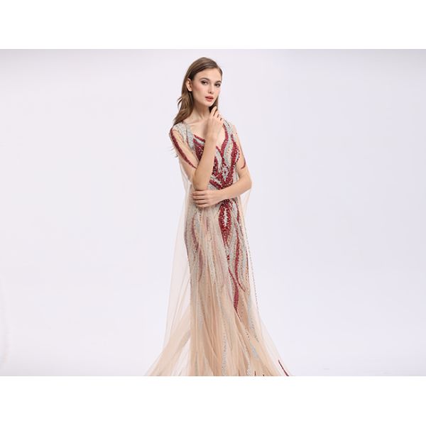 Champagne Lace Beaded Middle Eastern Evening Dresses U - Neck Style