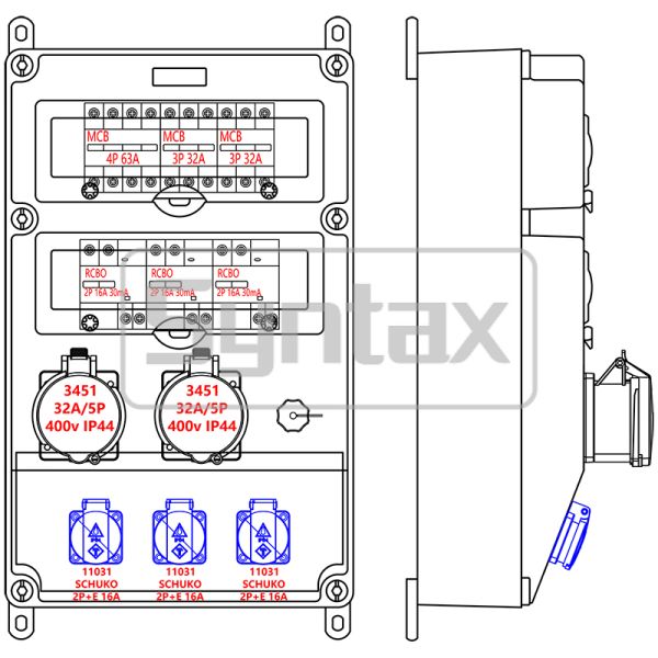 Syntax CX4 Wall Mounted Distribution Box 63AMP Three Phase Four Wire with IP65 Waterproof Mennekes Sockets & RJ45 Network Interface