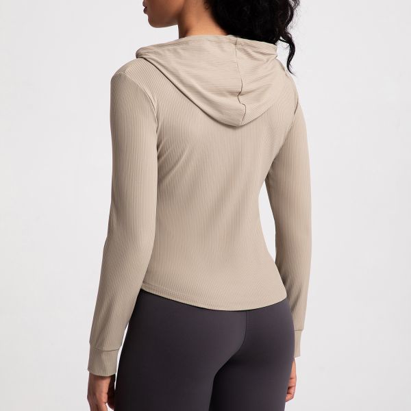 Ribbed Knit Full Zip Women Yoga Jacket Hooded Stretchable with Kangaroo Pocket