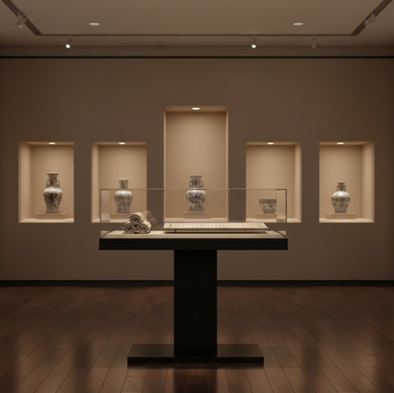 Professional Museum Glass Display Cabinets T Type Sturdy For Antiques Artwork