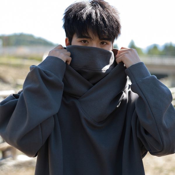 Vintage Turtleneck Windproof Face Cover Hoodie, Unique Introvert Street Casual Sweatshirt