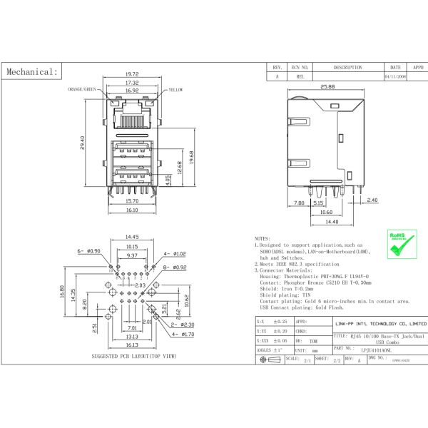 08C2-1X1T-03 RJ45 USB Connector LPJU4101AONL 10 / 100Base-T Embedded Board