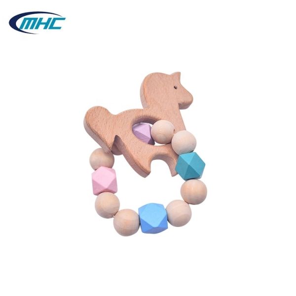 Baby Bead Silicone Wood Teether Diy Handmade Pony Shape Easy To Clean Customized