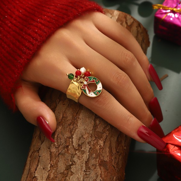 Fashion Popular Stainless Steel Enamel Christmas Tree Stocking Reindeer Snowflake Jewelry Rings 18k Gold Plated Adjustable Ring