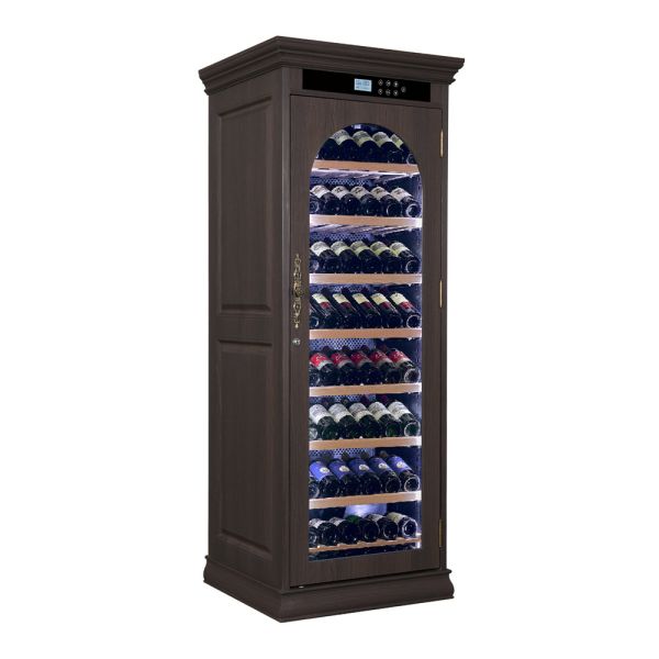 Dark Brown Solid Wood Freestanding Wine Cooler Cabinet with Arched Glass Door and Digital Control Panel