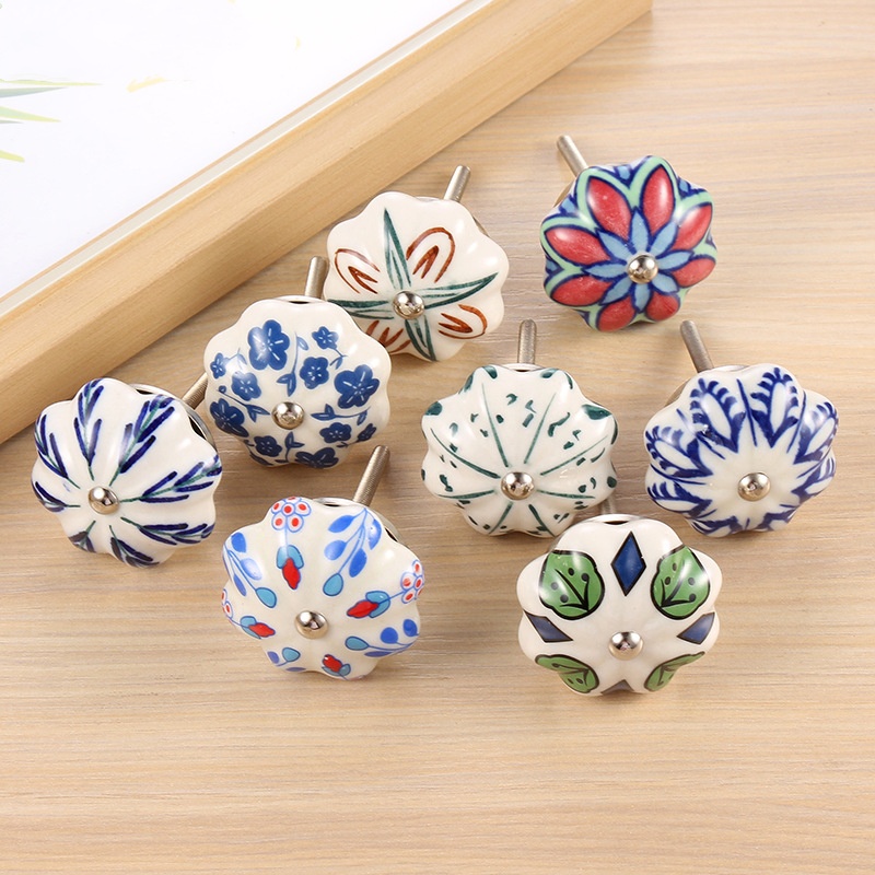 Vintage Bohemian Ceramic Petal Shape Colorful Handle Knob Kitchen Bedroom Drawer Cabinet Door Handle