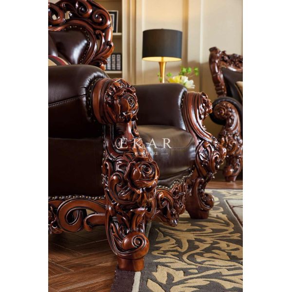 Oak Wooden Carving Design Royal Luxury Living Room 7 Seater Leather Sofa Set