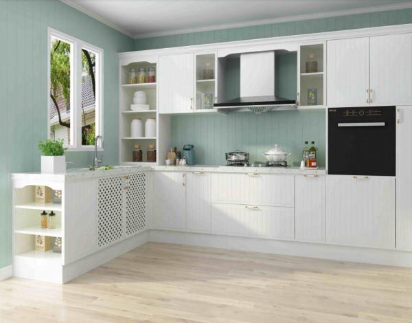 Armários de cozinha luxuosos da madeira maciça de Primery em L forma e com armário alto