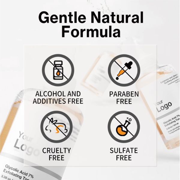 Vente à chaud 7% d'acide glycolique tonique exfoliant élimination de l'acné tonique de soins de la peau du visage tonique de marque privée tonique exfoliant glycolique