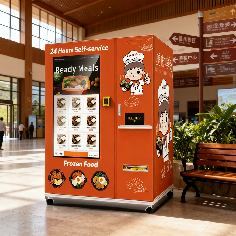 24-hour single microwave frozen hot food vending machine, equipped with a 49 inch large screen and Sdk function