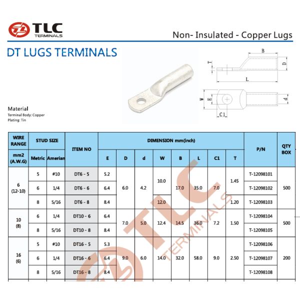 T2 Tinned Copper Non-Insulated Tubular Lugs For Customized Cable Connections