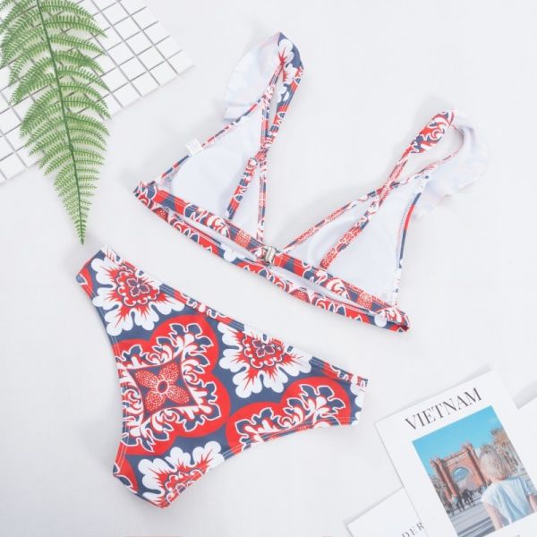 Ruched Trim Deep V Neckline Top With  Low Waist Women bathing Suit