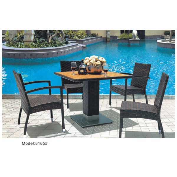SS table base with wicker dining chair set -8185