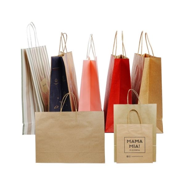 Customized logo for paper bags recyclable brown kraft paper food shopping tote paper bags
