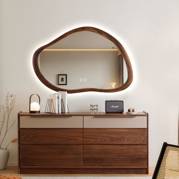Walnut Wood Frame Irregular Bathroom Mirror 5mm With Edge Lighting Dimming