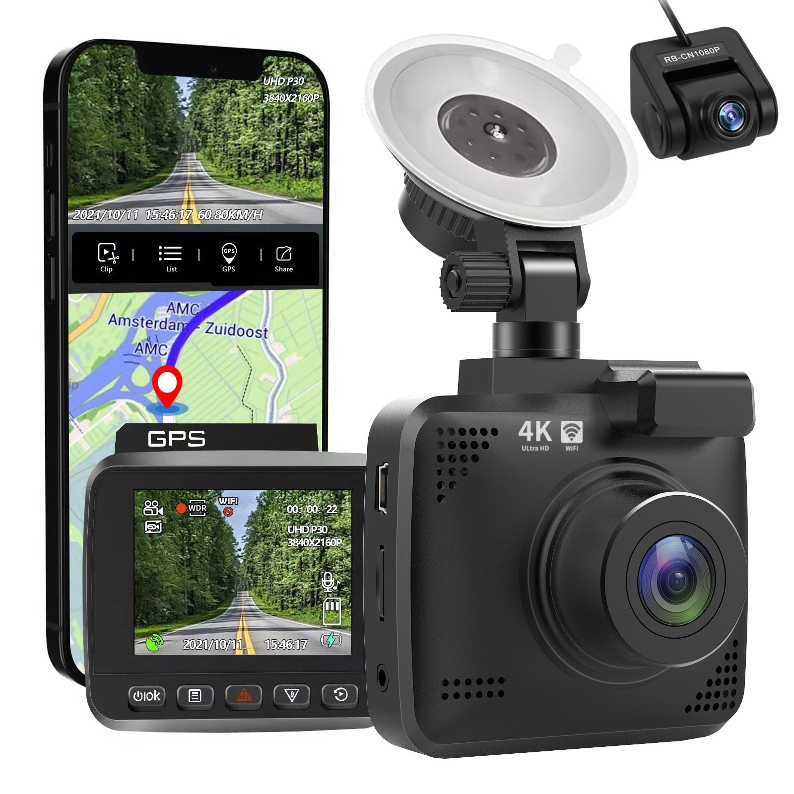 обнаружение движения G-датчика ночного видения WDR встроенное GPS Wi-Fi камеры DVR автомобиля записи объектива 4K UHD кулачка черточки 70mi двойное