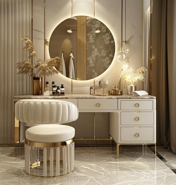 Functional Modern Nordic Wooden Multifunction Ladies Vanity Table In Bedroom With Led Light Makeup Mirror Storage