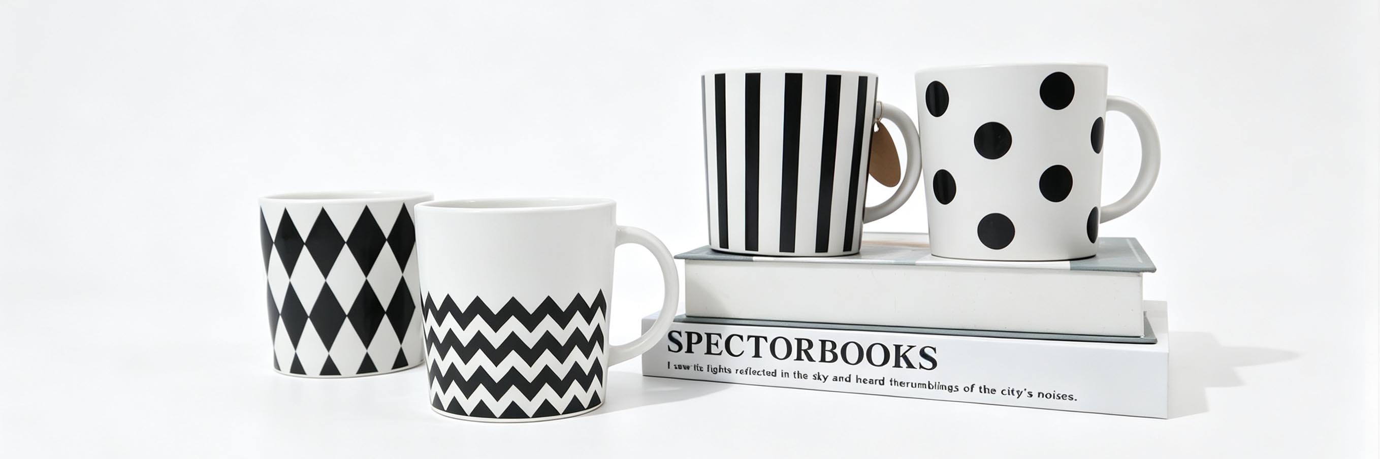 Black & White Geometric Ceramic Mug Set of 4, Modern Pattern Coffee Cups