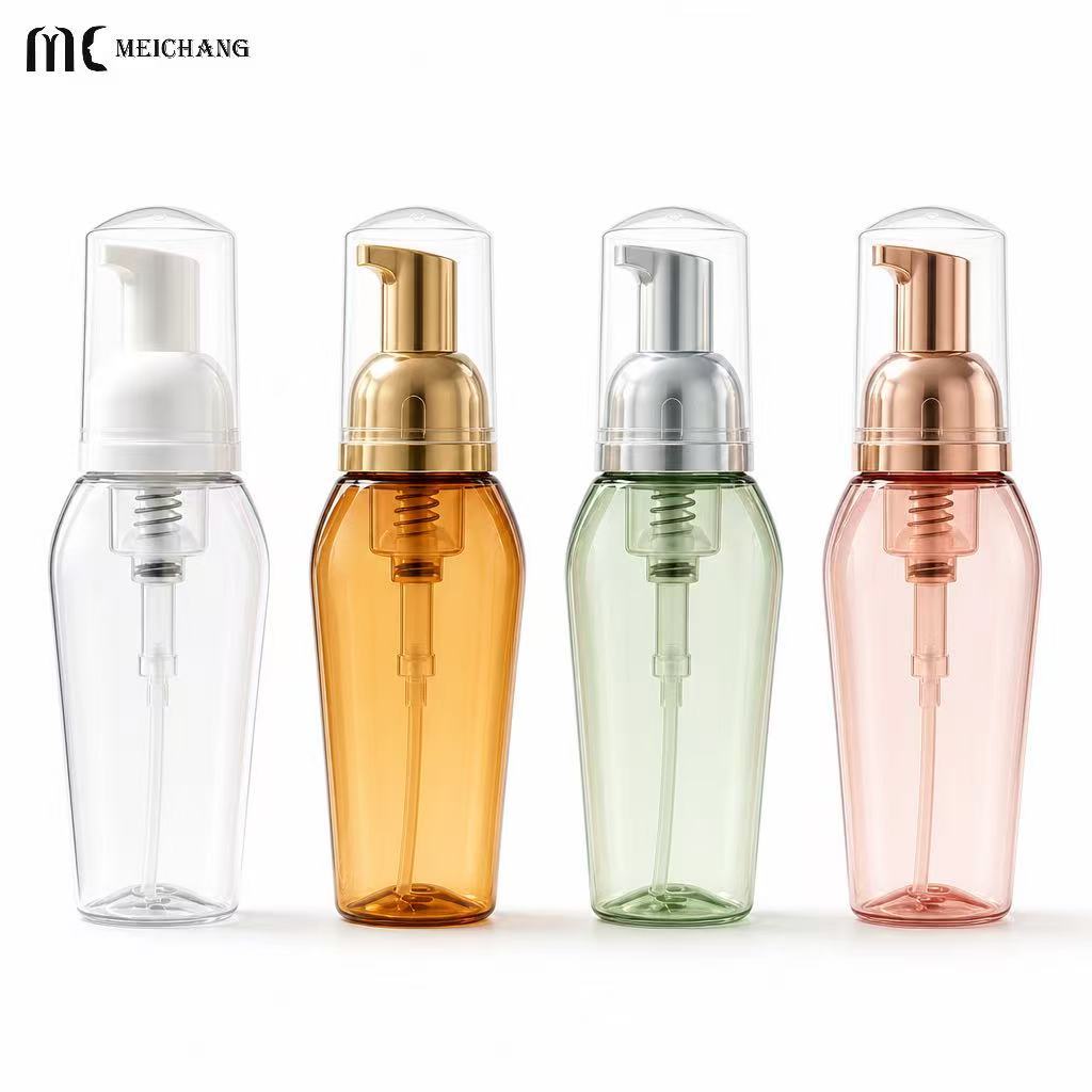 Custom PET Foaming Pump Bottle with Clear Protective Cap, 50ml & 80ml Special-Shaped Foam Pump Bottle（MC-1808）