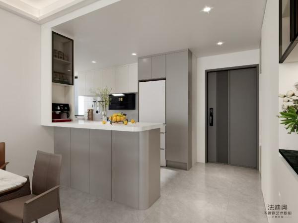 Fadior Light Grey Stainless Steel U Shaped Kitchen With Extended Island And Open Shelf Design
