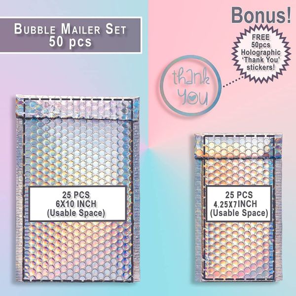 Custom Packaging Holographic Silver Metallic Bubble Envelopes Shipping Laser Bubble Mailer Waterproof Shockproof Bubble Bags
