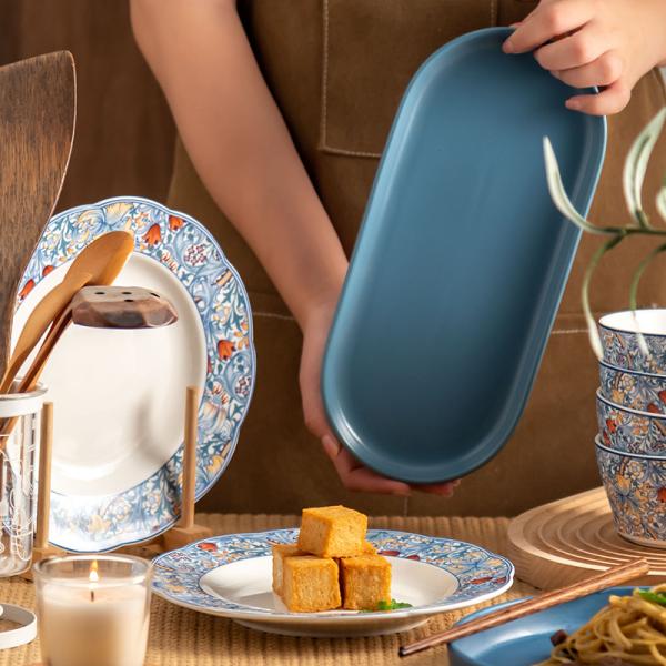 Servidor de mesa boêmio para 6 pessoas com pratos de cerâmica, tigelas e pratos de carregamento
