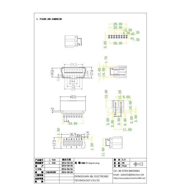 J1962 GOLDEN PLATED OBDII 16 PIN MALE CONNECTOR ,90 degree PCB SOLDERED