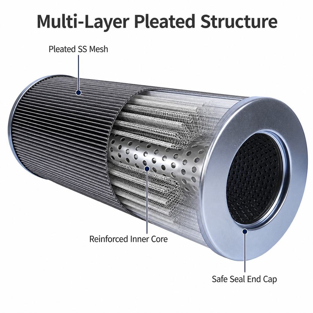 Stainless Steel Pleated Filter Cartridge with Large Dirt-holding Capacity and Stable Construction for Hydraulic Systems