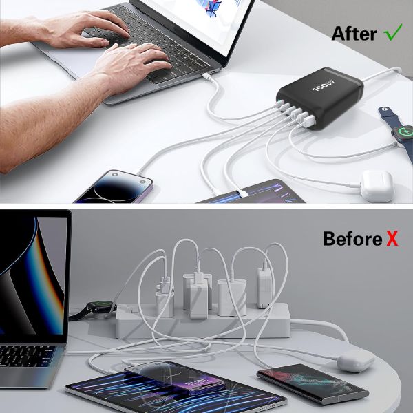 160W 4USB 2USB-C Portos PD Carregador de Desktop Rápido Para Carregamento de Potência de MacBook e Laptop