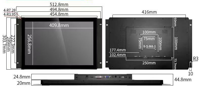19 Inch Open Frame Display 400cd/m2 1400*900 HDMI/VGA/DVI Captive Touch Display JY190OP2