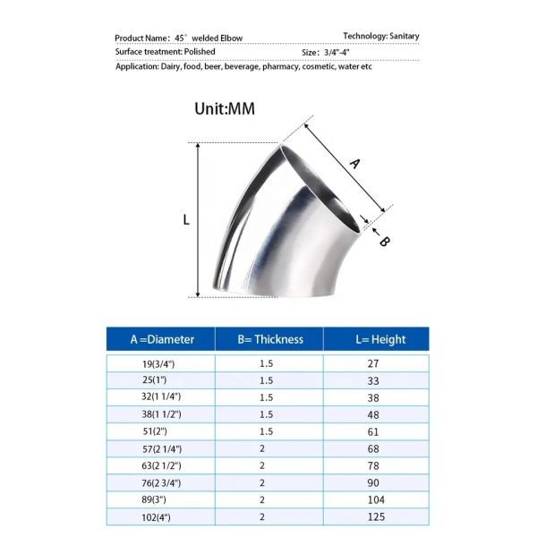 Sanitary Welding Connection Forged SS304 316L 45 Degree Elbow for Oil Water Gas Milk