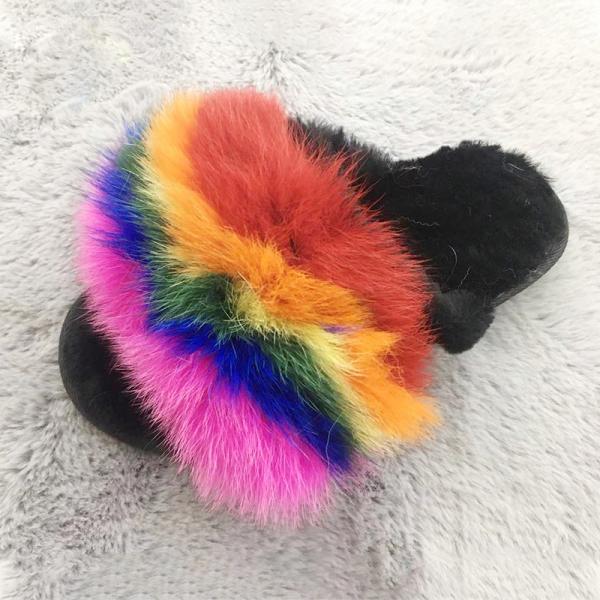 Fashion Multi - Color Spliced Vamp With Plush Middle Sole Fluffy Slippers Real Fox Fur Slide For Women
