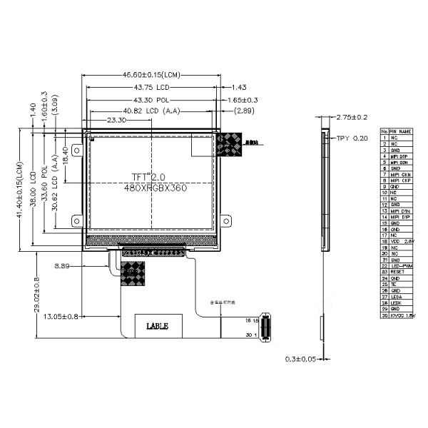 2-дюймовый TFT дисплей LCD, разрешение 480x360, 30 PINS 2LANE MIPI Интерфейс 350cd/M2 Яркость