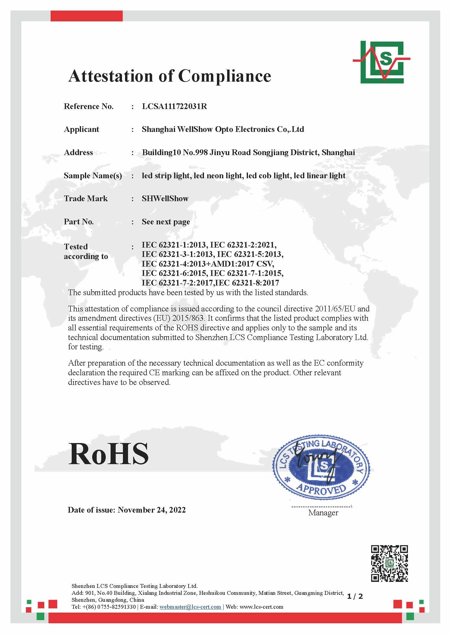 Shanghai Wellshow Opto Electronics Co., Ltd. 1YRS Сертификации
