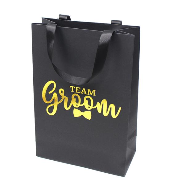Black Wedding Jewelry Branded Paper Bags With Grosgrain Handle Gold Foil Logo