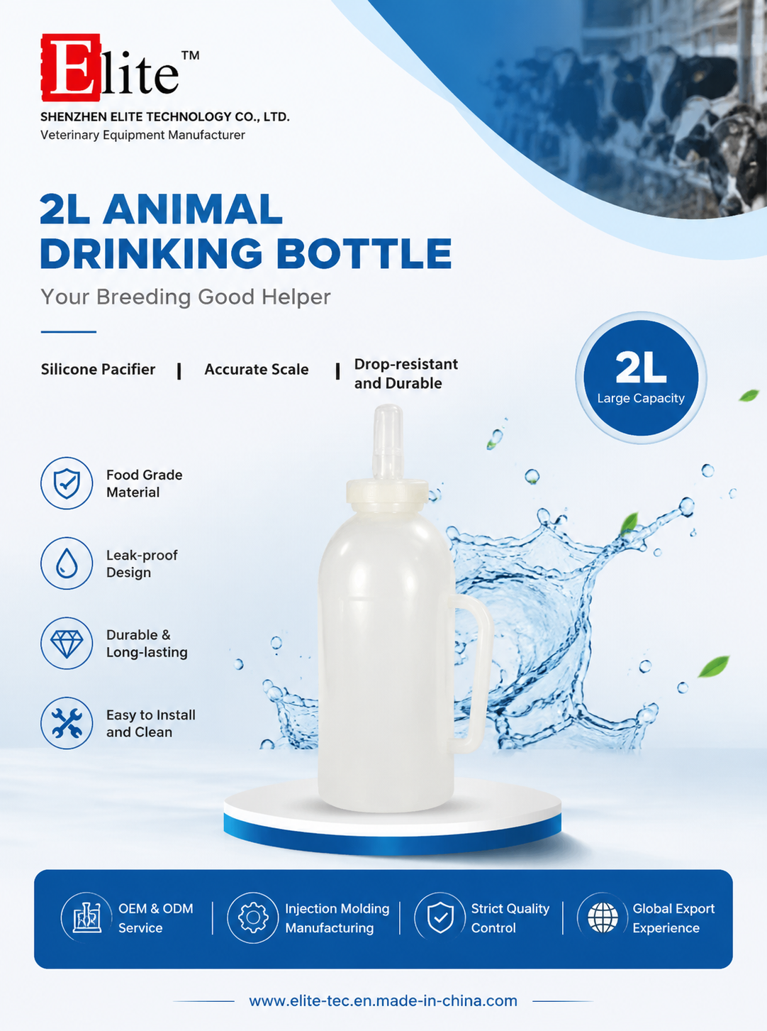 2L Capacity Calf Milk Feeder Bottle with Soft Silicone Nipple and Ergonomic Handle Design for Livestock Feeding