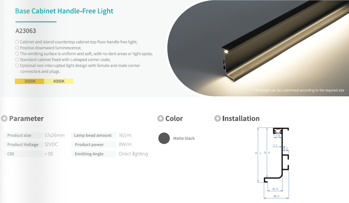 12V Matte Black Handleless Base Cabinet LED Light Downward Shine L Shaped Corner Mount