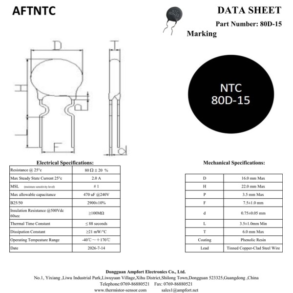 Power NTC Thermistor MF72 50D-15 MF71 80D-15 For Power Supply