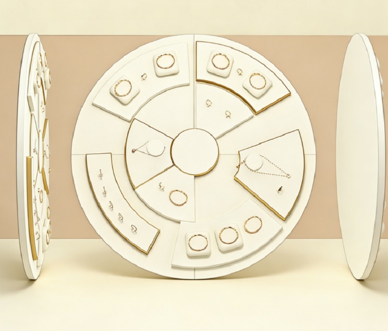 Premium White Velvet Jewelry Display Set with Gold Trim and Rotating Circular Structure for Luxury Jewelry Stores