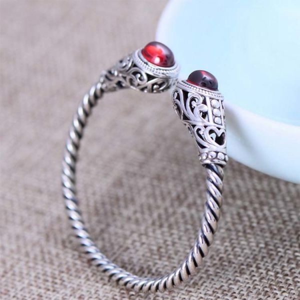 Sterling Silver Cable Bracelet with Garnet Open Adjustable Cuff Bracelet (XH049954W)