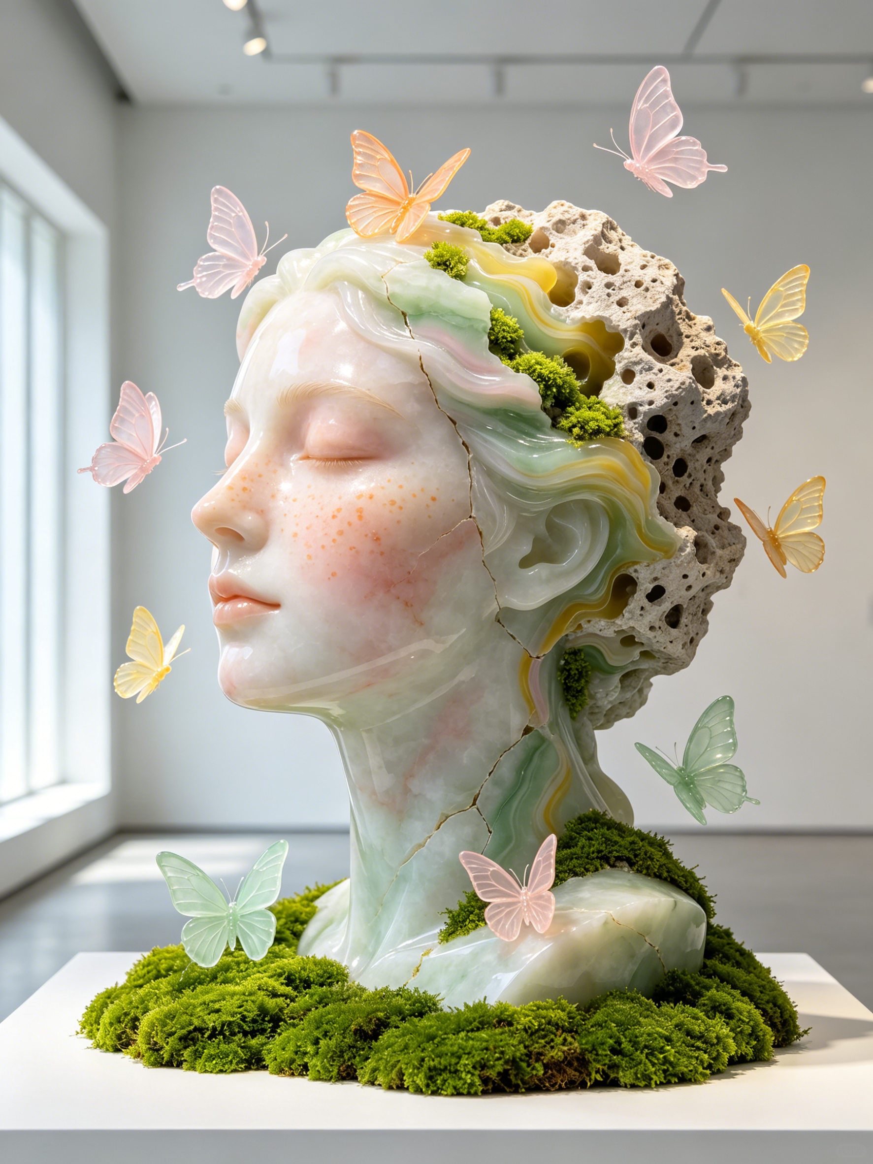 Gradient Jade Resin Female Bust Sculpture with Interactive LED and Volcanic Rock Base for Art Galleries
